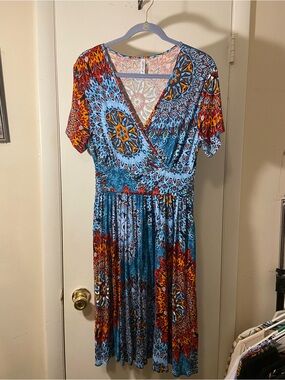 Vibrant Blue & Orange Wrap-Style Midi Dress